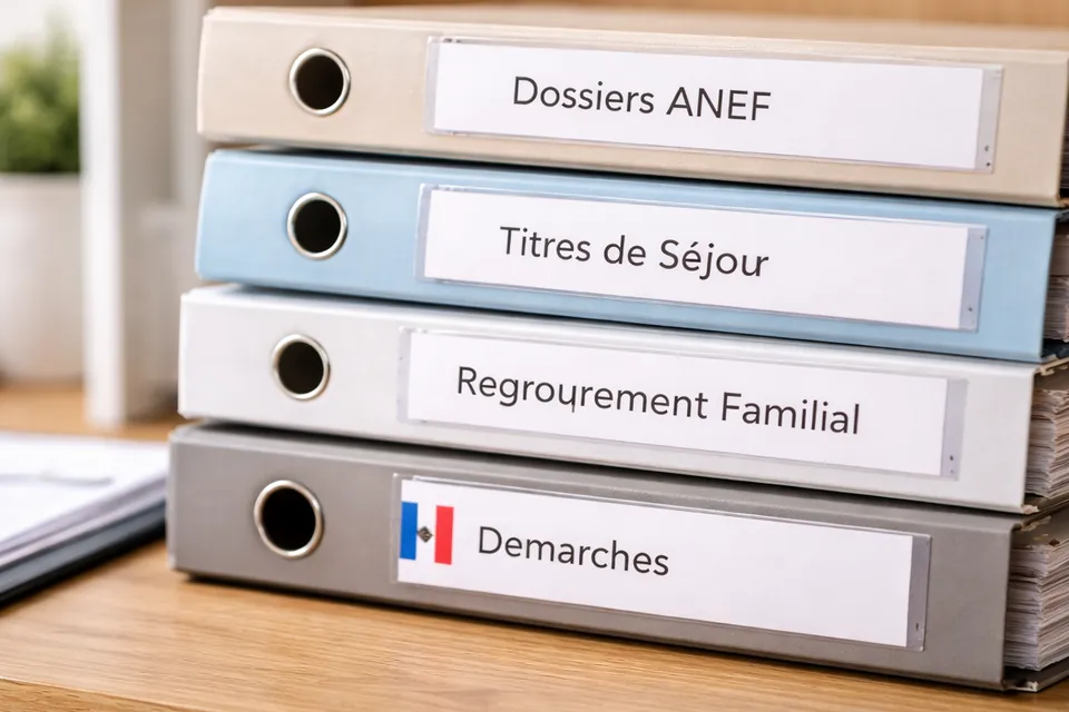 Classeurs administratifs et dossiers classés sur une étagère.