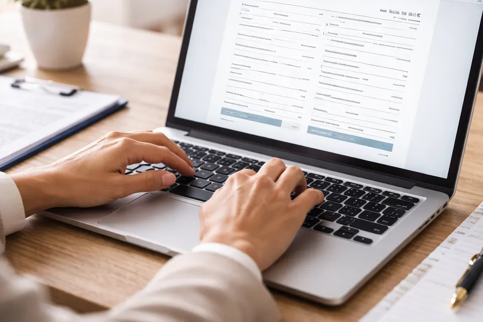 Saisie d’un formulaire en ligne sur ordinateur portable dans un cadre de travail soigné.