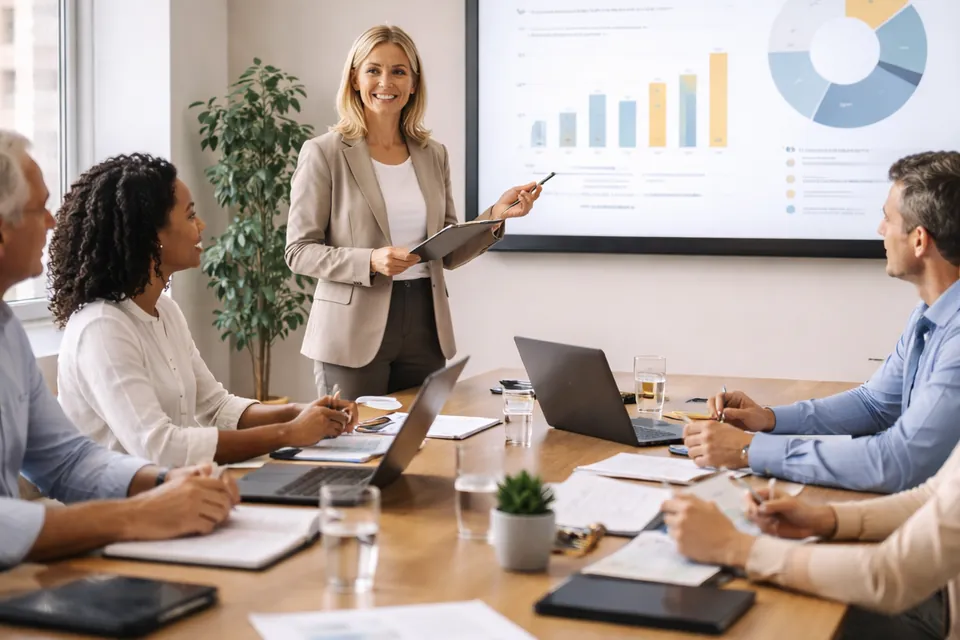 Session de travail et présentation pédagogique dans un environnement professionnel.